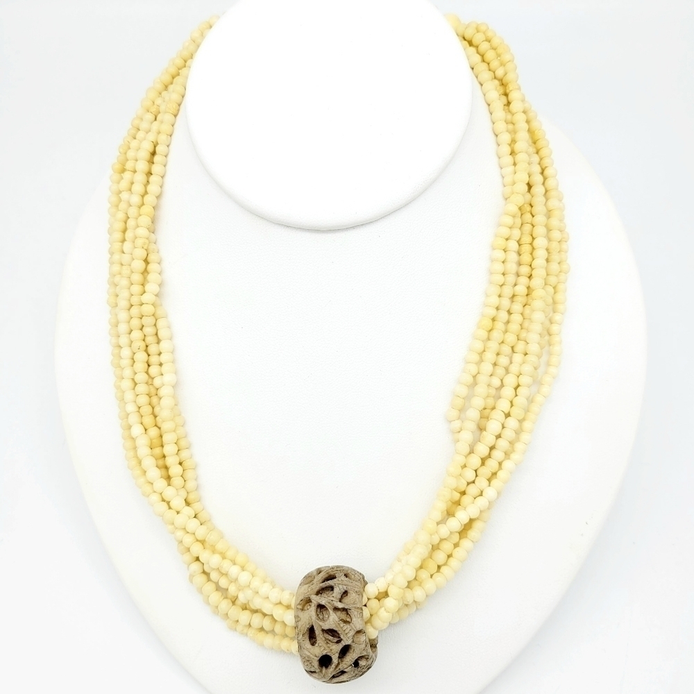 Vintage Beaded Bone Necklace Multi Strand Carved Focal Ethnic Tribal Bohemian